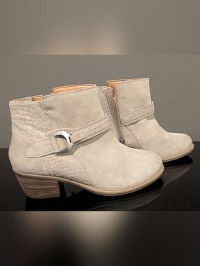 Suede Ankle Booties in Light Beige with Buckle Detail